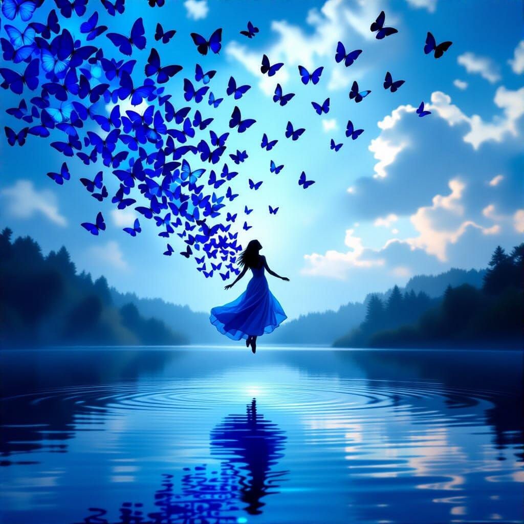 Human Silhouette Dissolves Into Blue Butterflies Over Mirror...