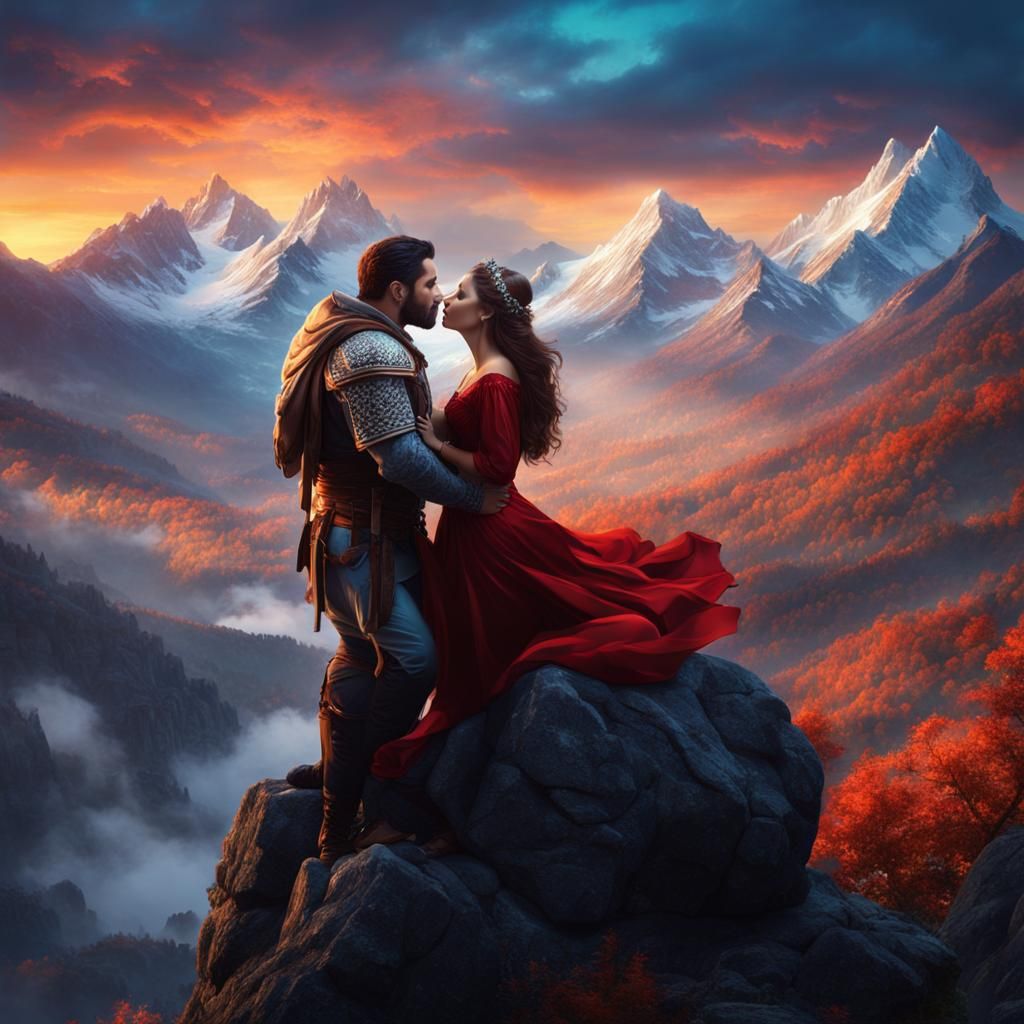 Romantic Mountain Kiss: Detailed Fantasy Art