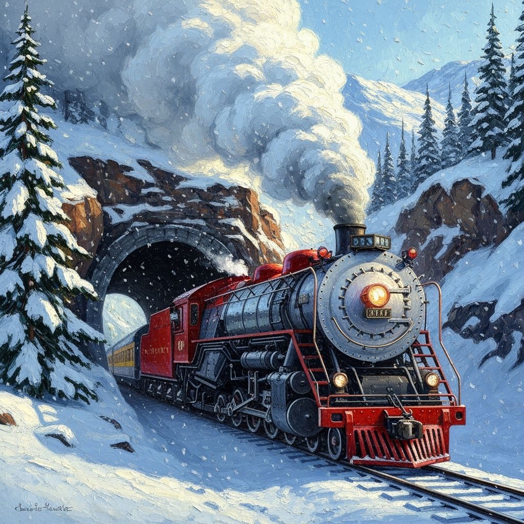 Monet-Inspired Snowy Mountain Train Emerges from Tunnel