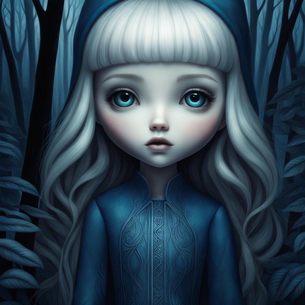 Chibi Girl in Indigo Forest: Digital Painting