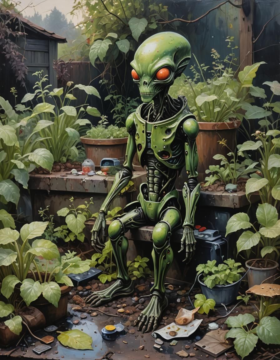 Alien in a Glistening Garden: Oil Painting Still Life