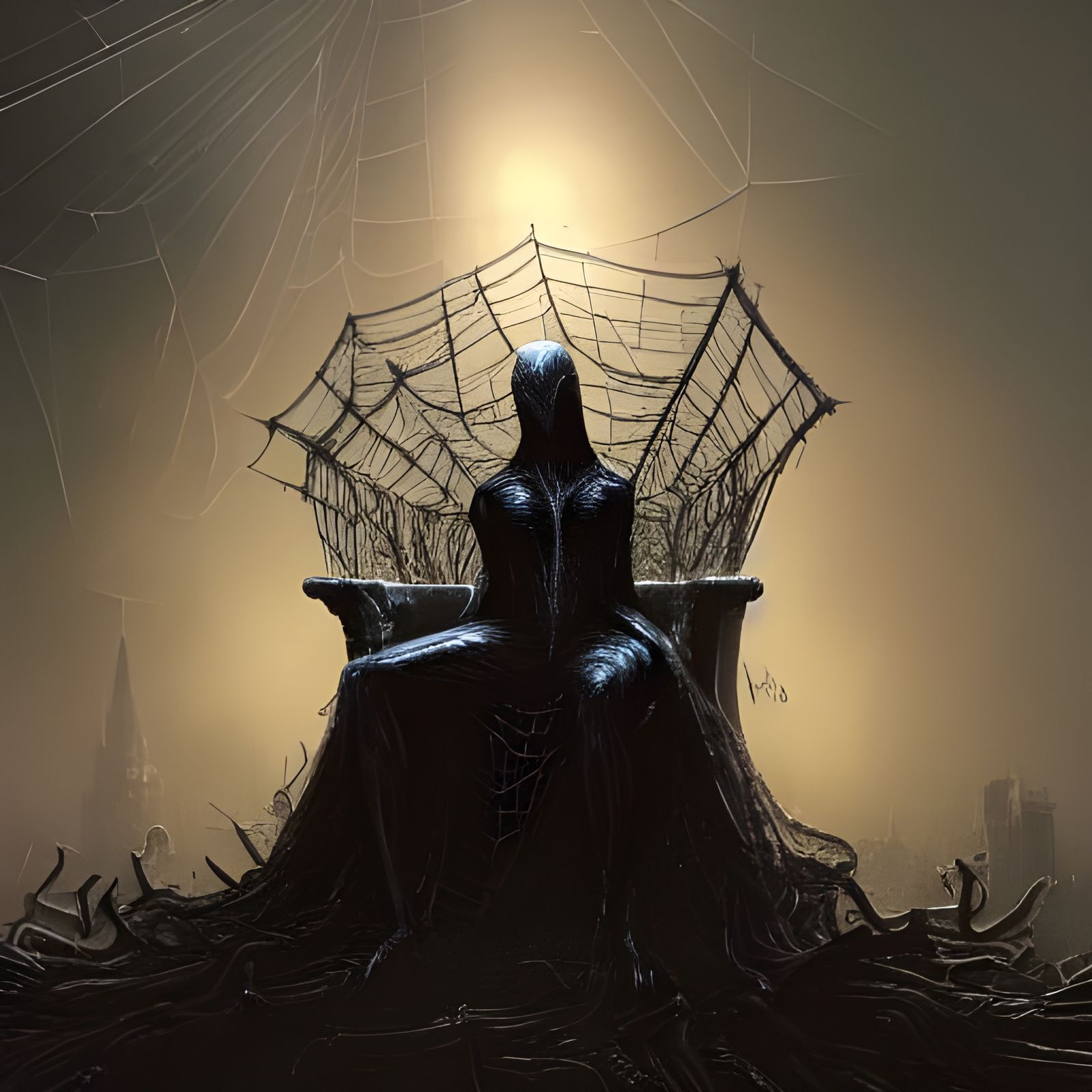 Spider Queen on Web Throne in Dark Fantasy Style
