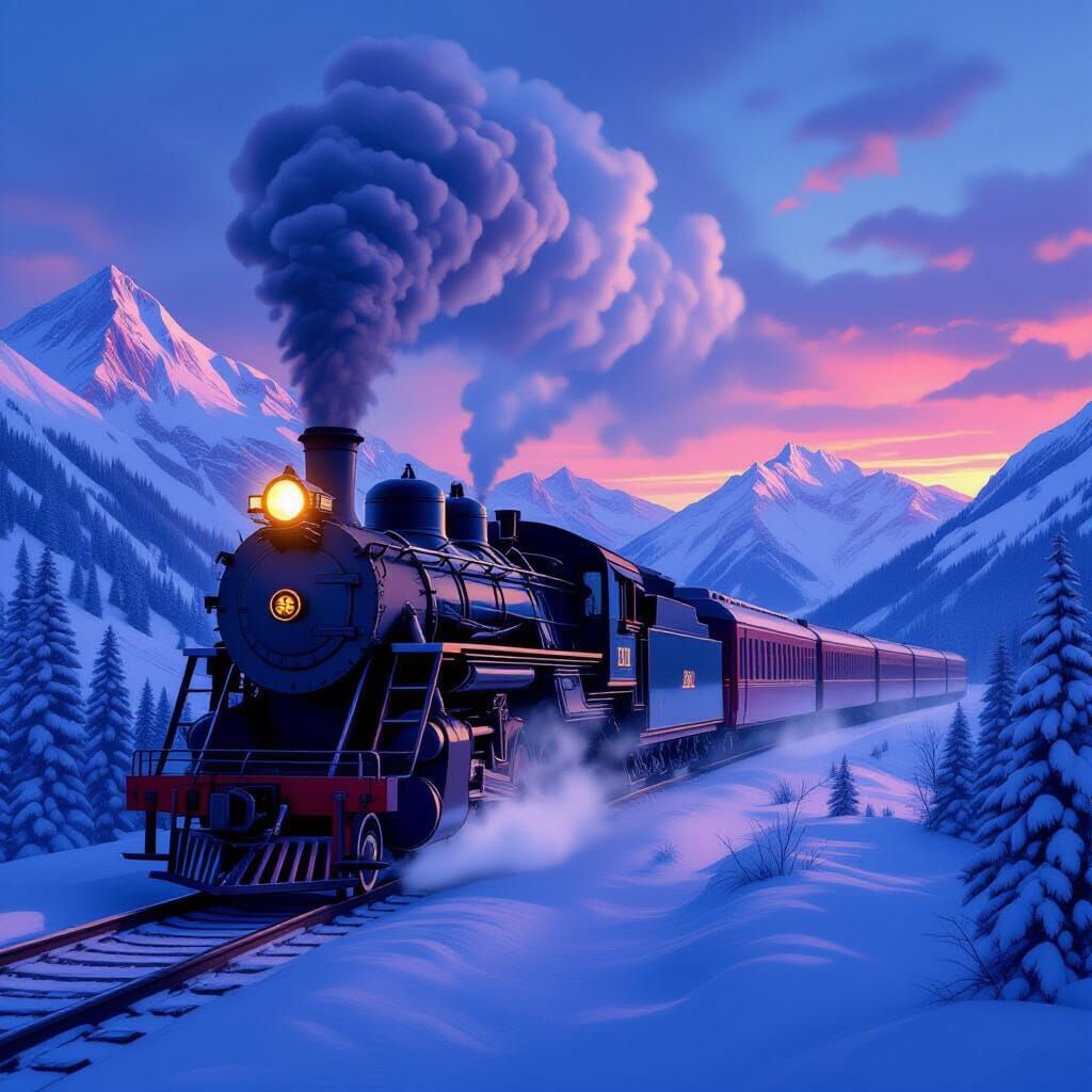 Steam Train in Snowy Mountains at Dawn