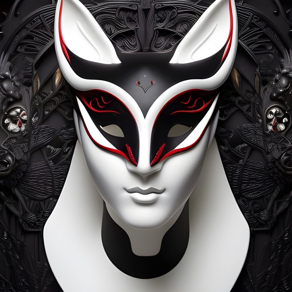 Cyberpunk Kitsune with Oni Mask in Art Nouveau Style