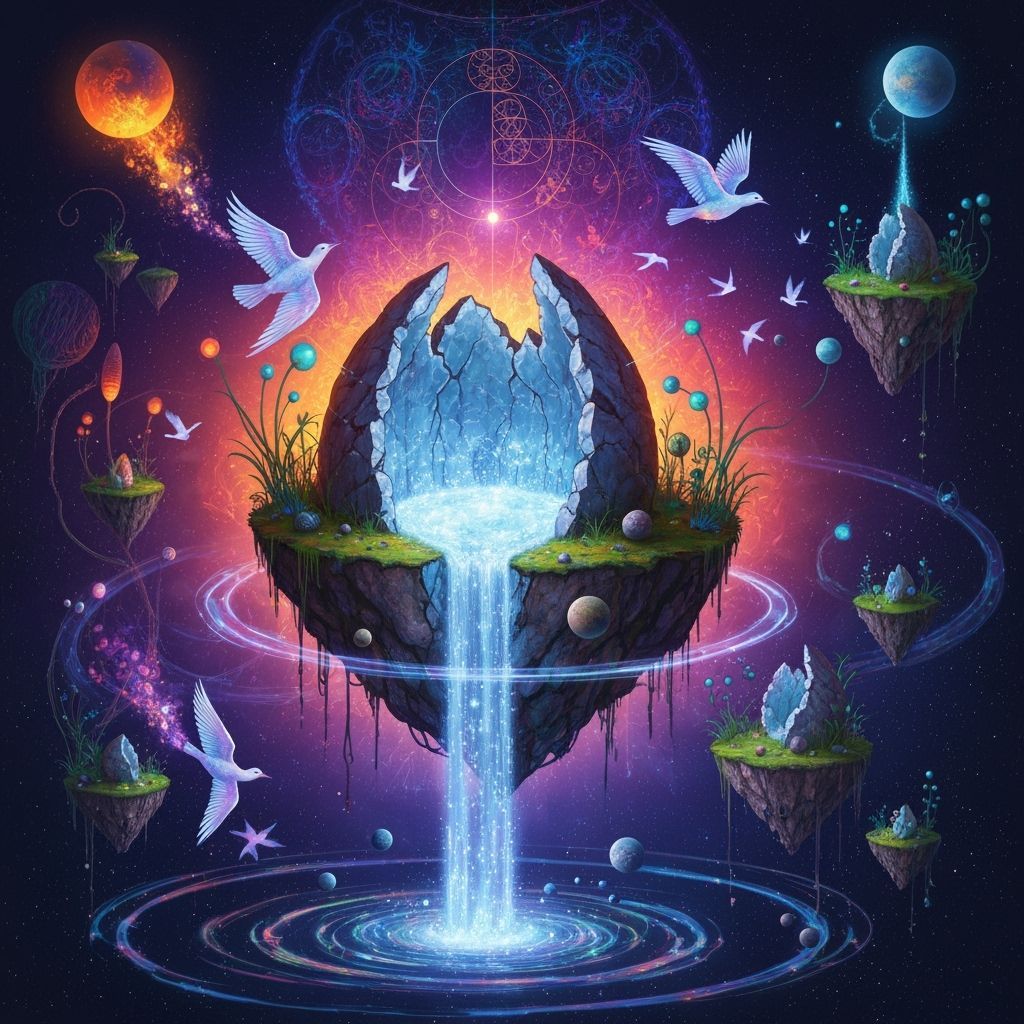 Cosmic Floating Islands with Bioluminescent Birds