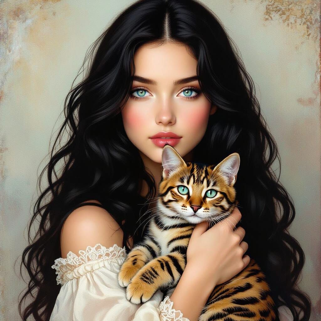 Woman with Blue Eyes Holds Tiger Cat, Pre-Raphaelite Style