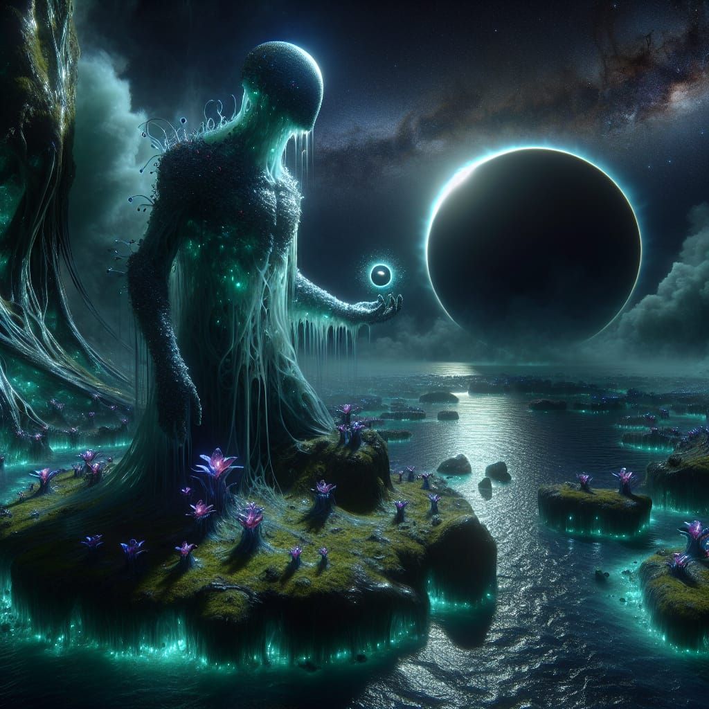 Celestial Entity on Bioluminescent Shoreline