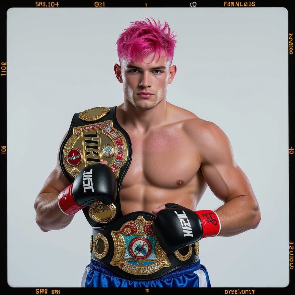 Pink Haired Boxer Poses with Championship Belt