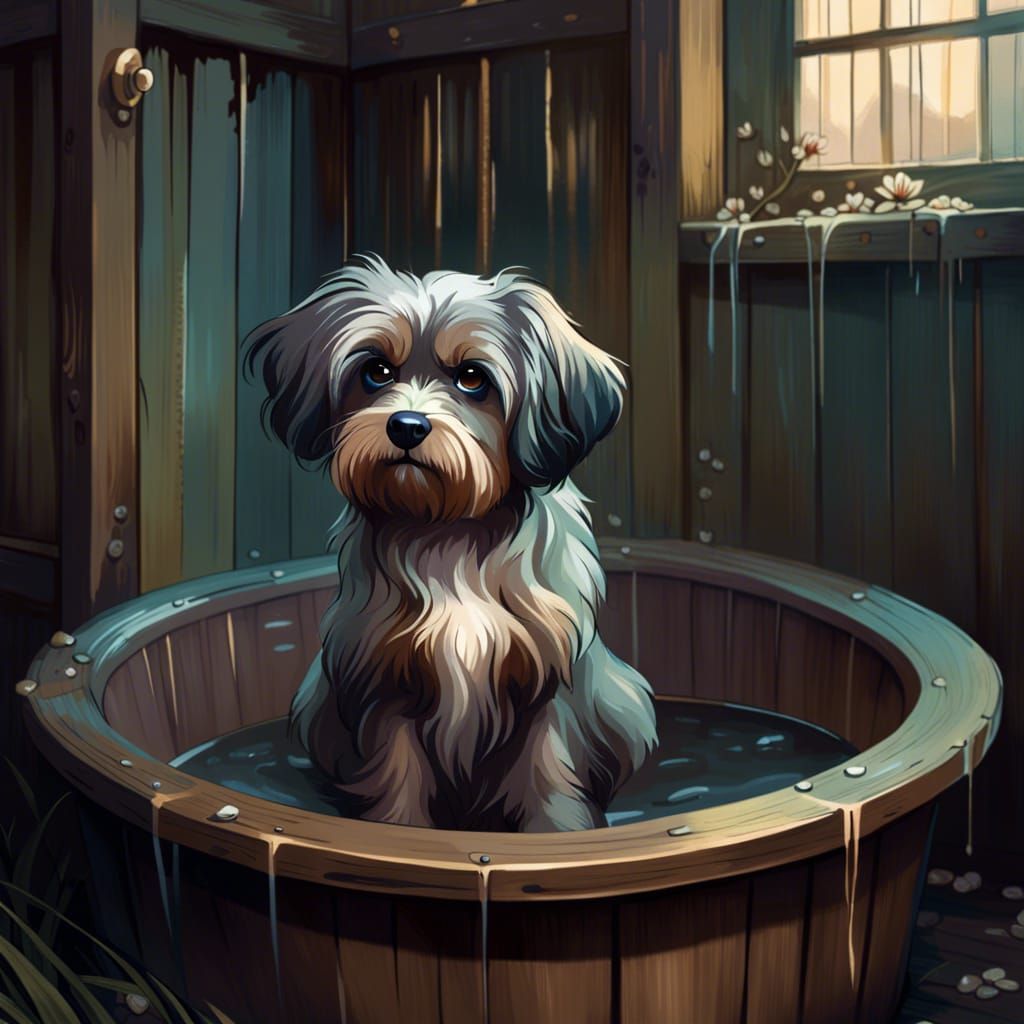 Gloomy Dog in Bath: Melancholic Digital Art