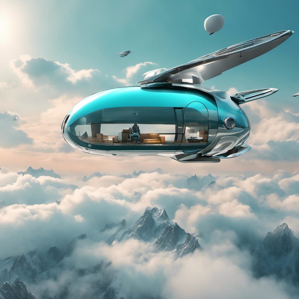 A futuristic flying motorhome vehicle