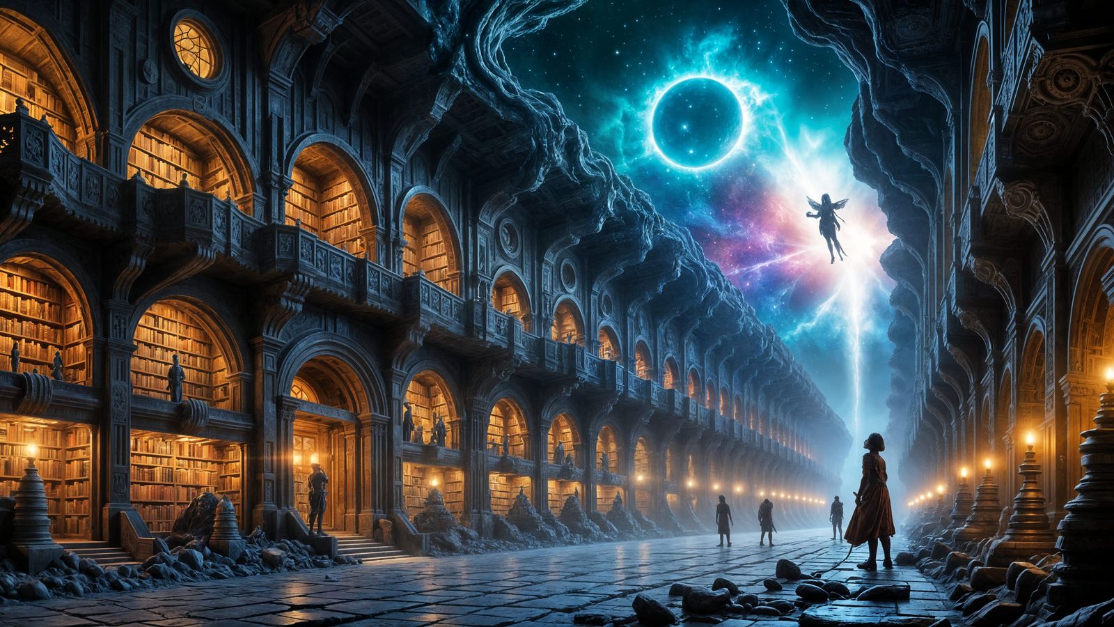 Cosmic Nebula Library with Ethereal Creatures