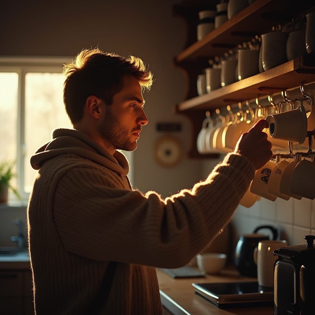 Cozy Morning: Man Reaches for Tea Mug