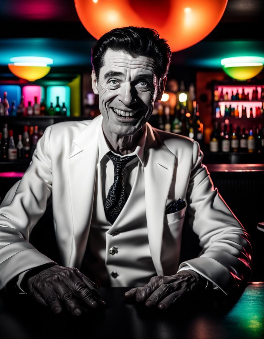 Film Noir Pale Man in Colorful Bar