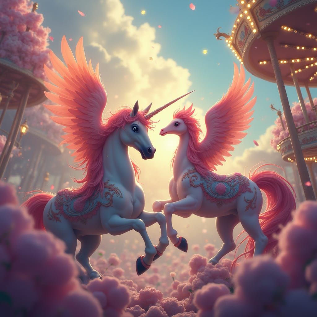 Unicorn and Phoenix at a Whimsical Fair