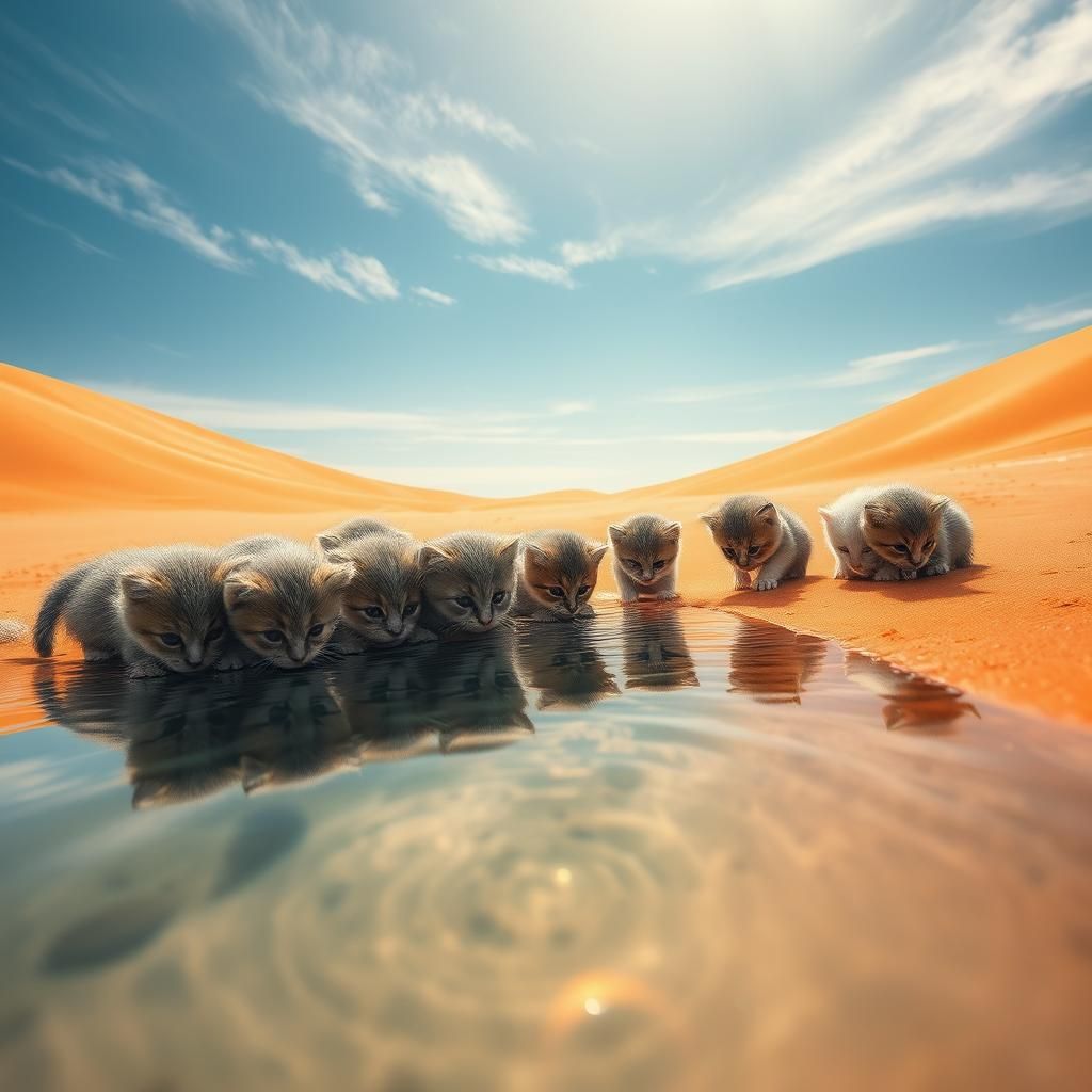 Kittens Drinking at Desert Oasis in Hyperrealism