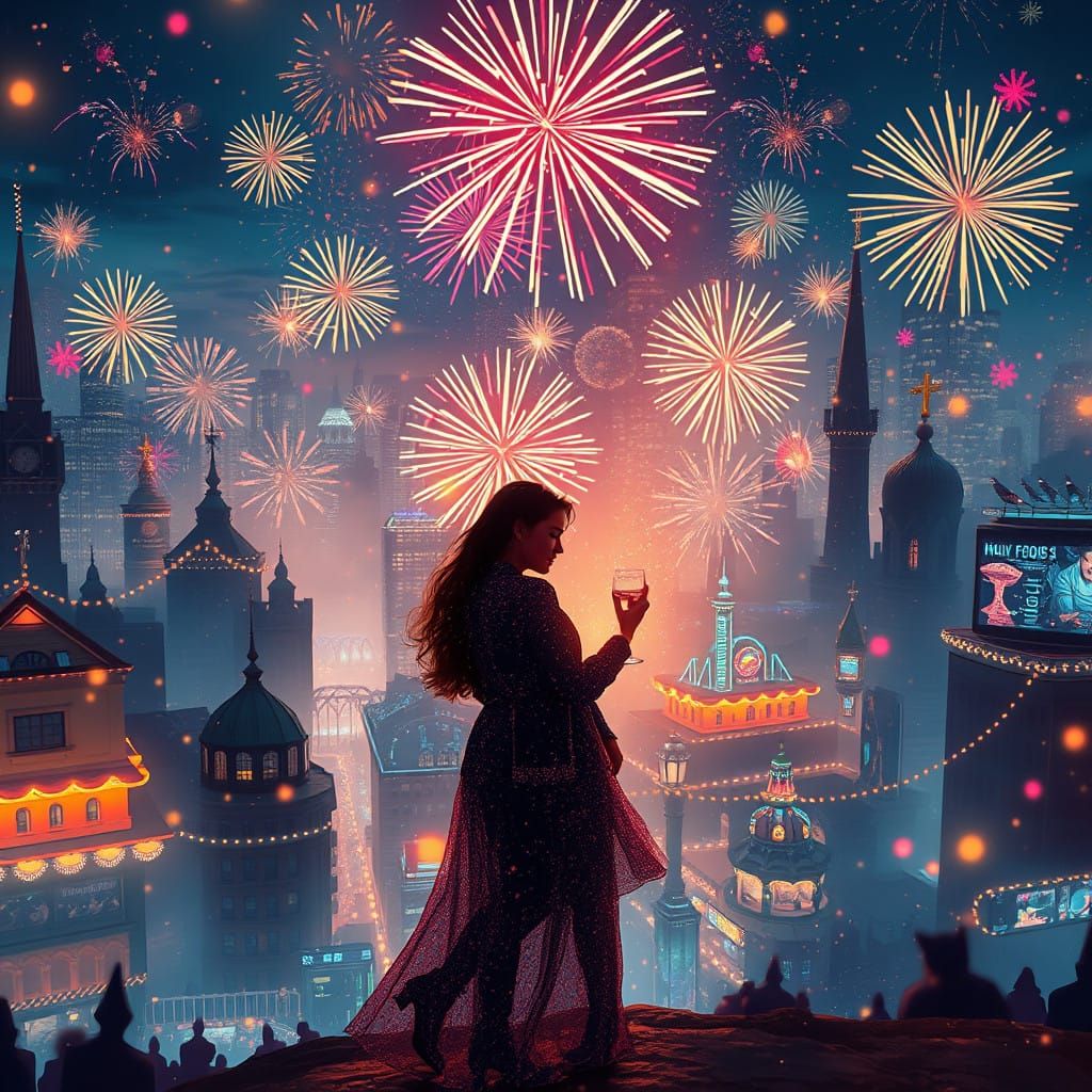 Whimsical New Year's Eve Love Scene in a Fantastical City