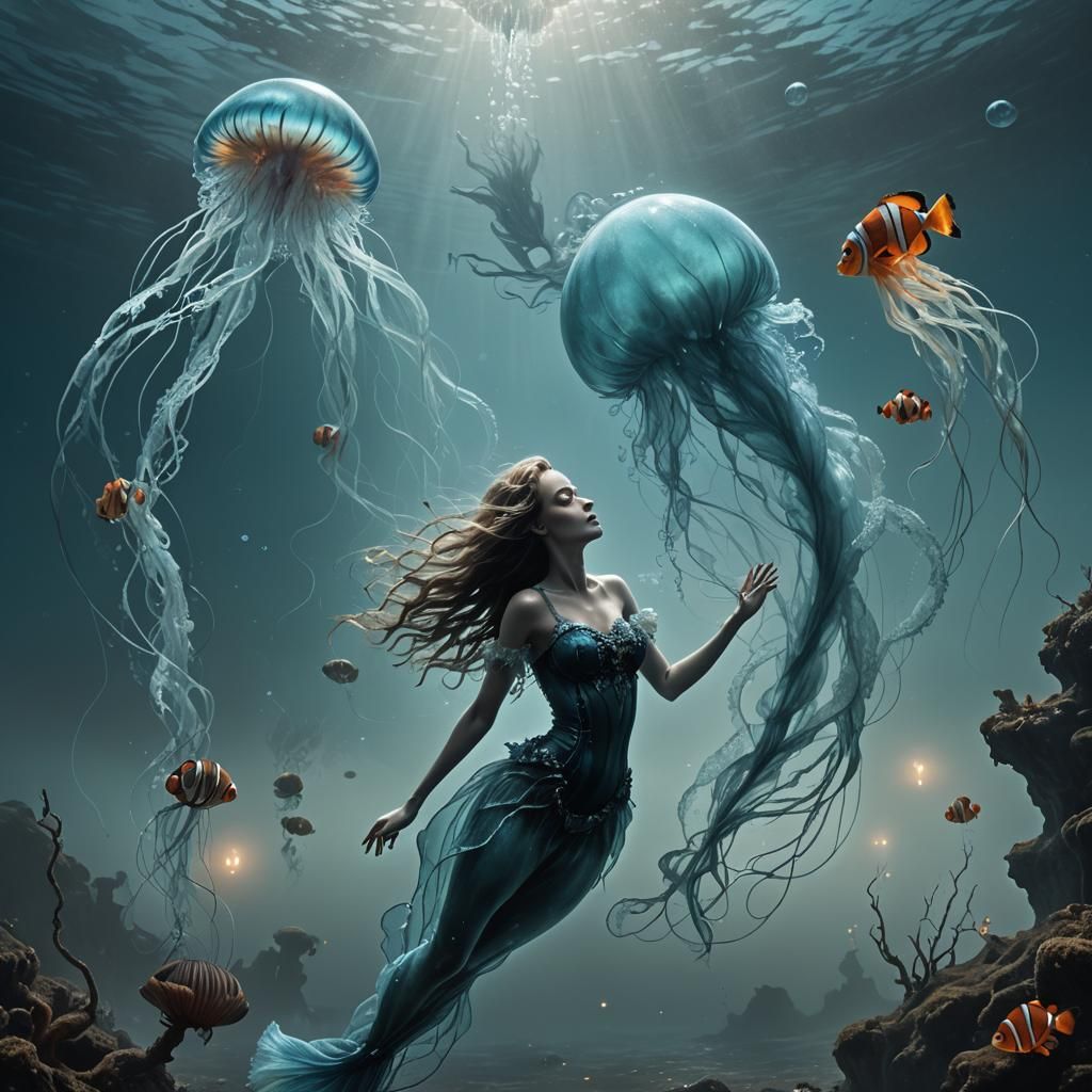 Surreal Bioluminescent Jellyfish with Mermaid, Dark Art