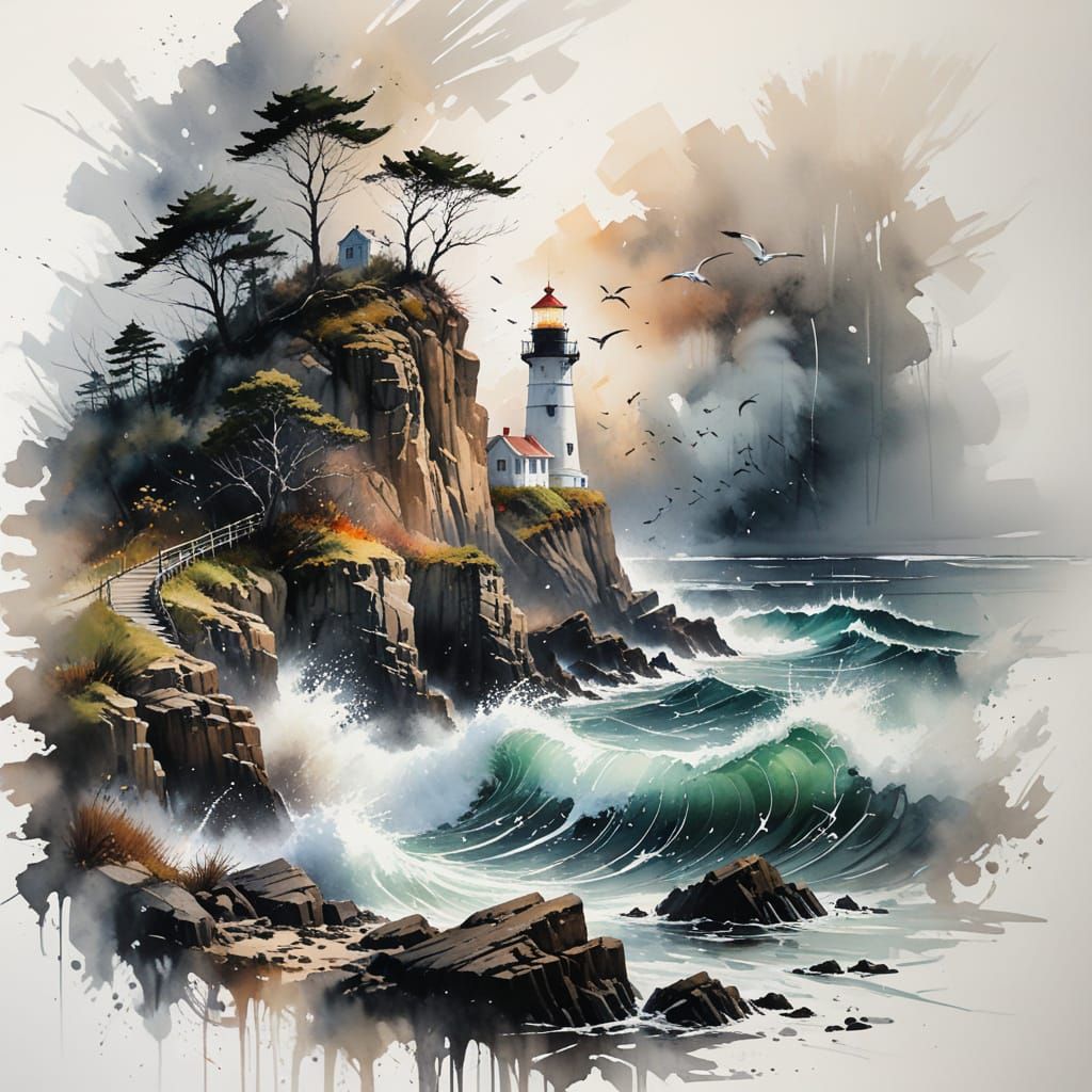 Lighthouse Overlooking Stormy Sea in Watercolor Style