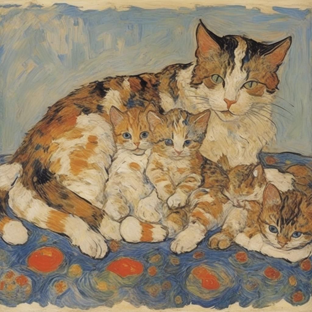 Cat and Kittens: Impressionistic Motherhood Portrait
