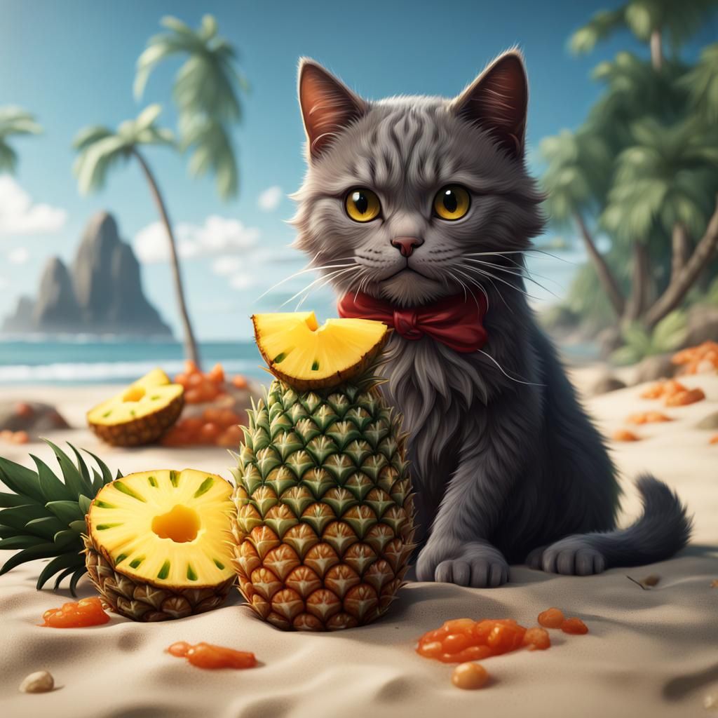 Cat Eats Pineapple and Kimchi on Beach