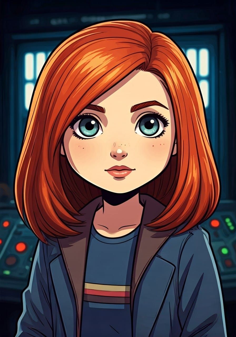 Chibi-Style Portrait of a Red-Haired Woman in Control Room