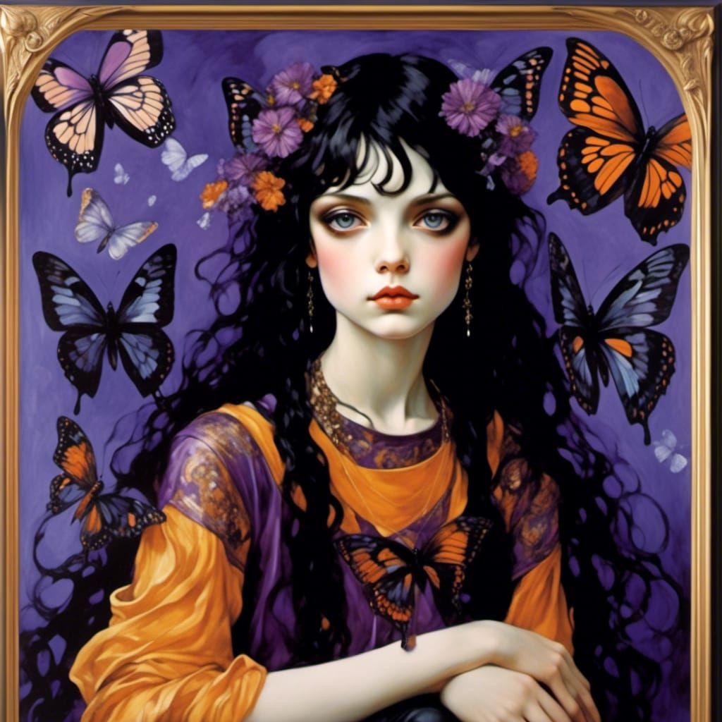 Anime Angel with Butterflies in Art Nouveau Style