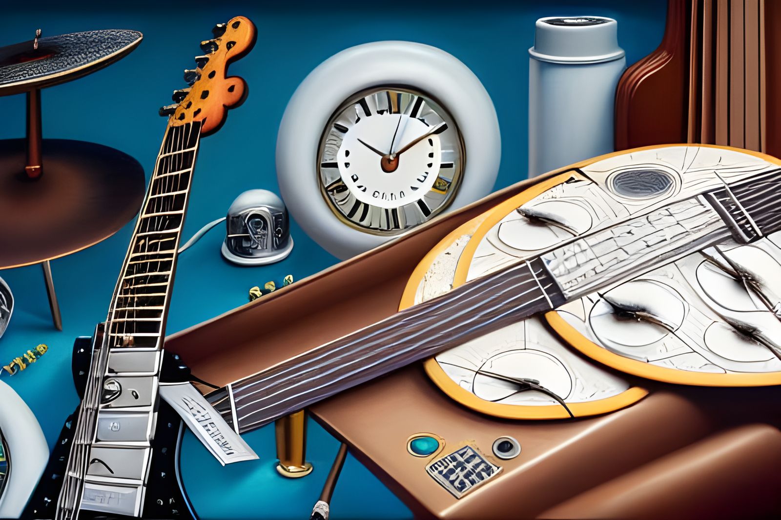 Detailed Musical Instruments with Clocks, Digital Art
