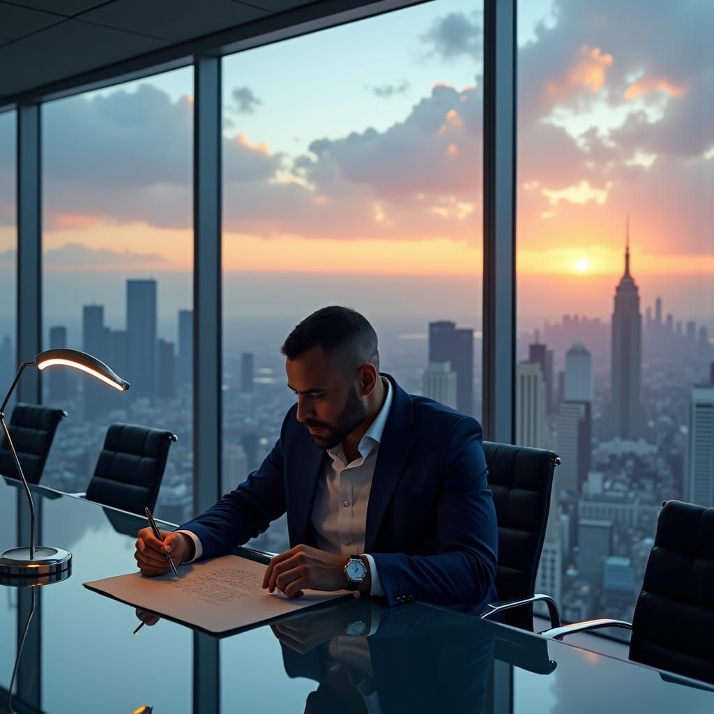 Professional Business Executive in Modern Office at Sunset