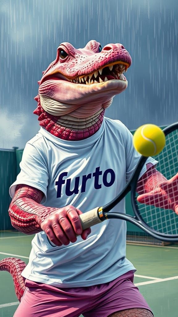 Pink Crocodile Tennis Player in Neo-Impressionist Style