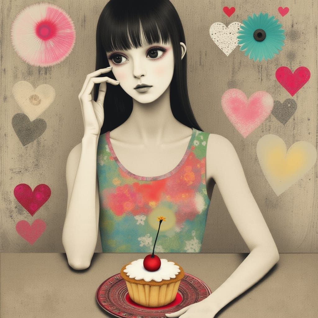 Woman With Bakewell Tart in Hazy Manga Style