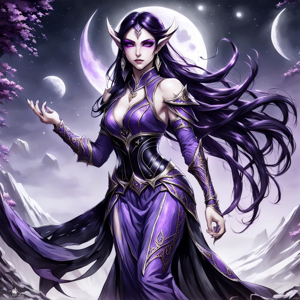 Beautiful Moon Elf Woman with Purple Eyes