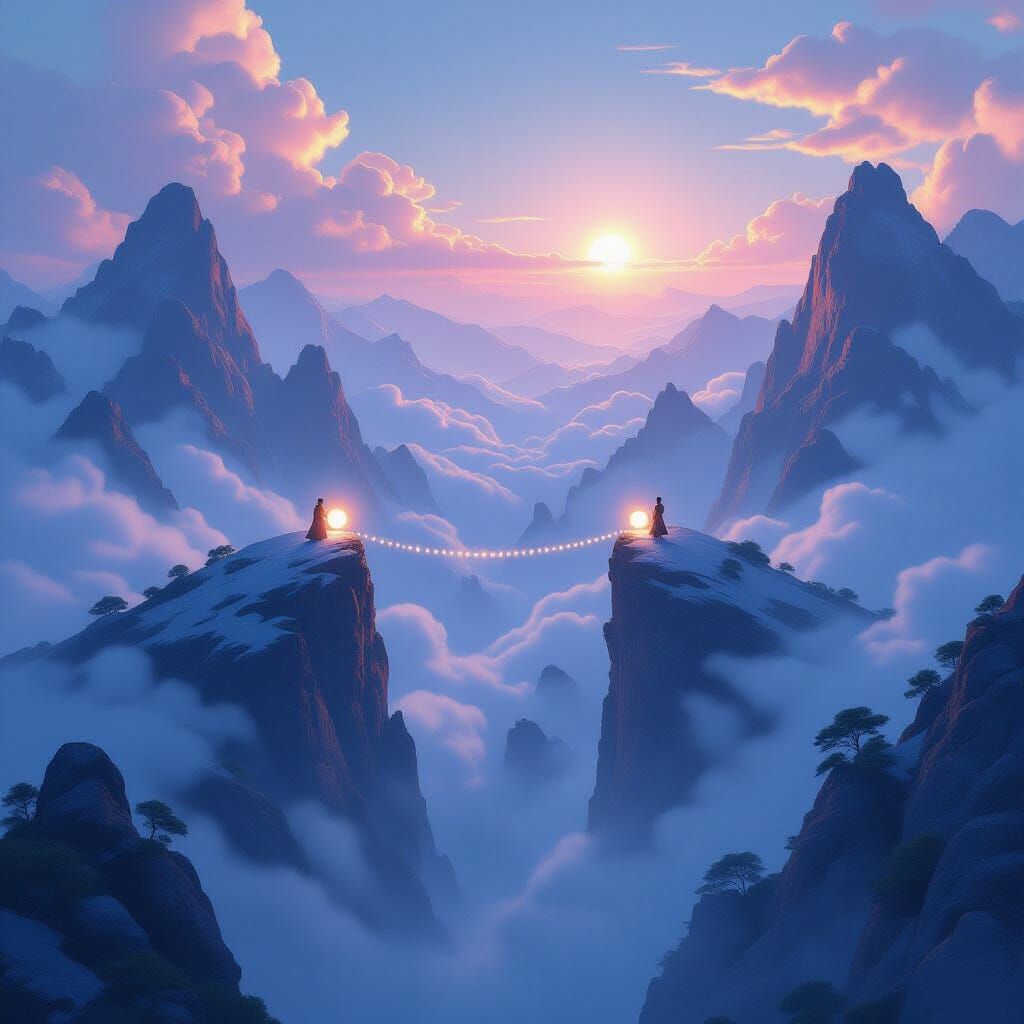 Fantasy Landscape: Glowing Orbs Form Bridge Between Peaks