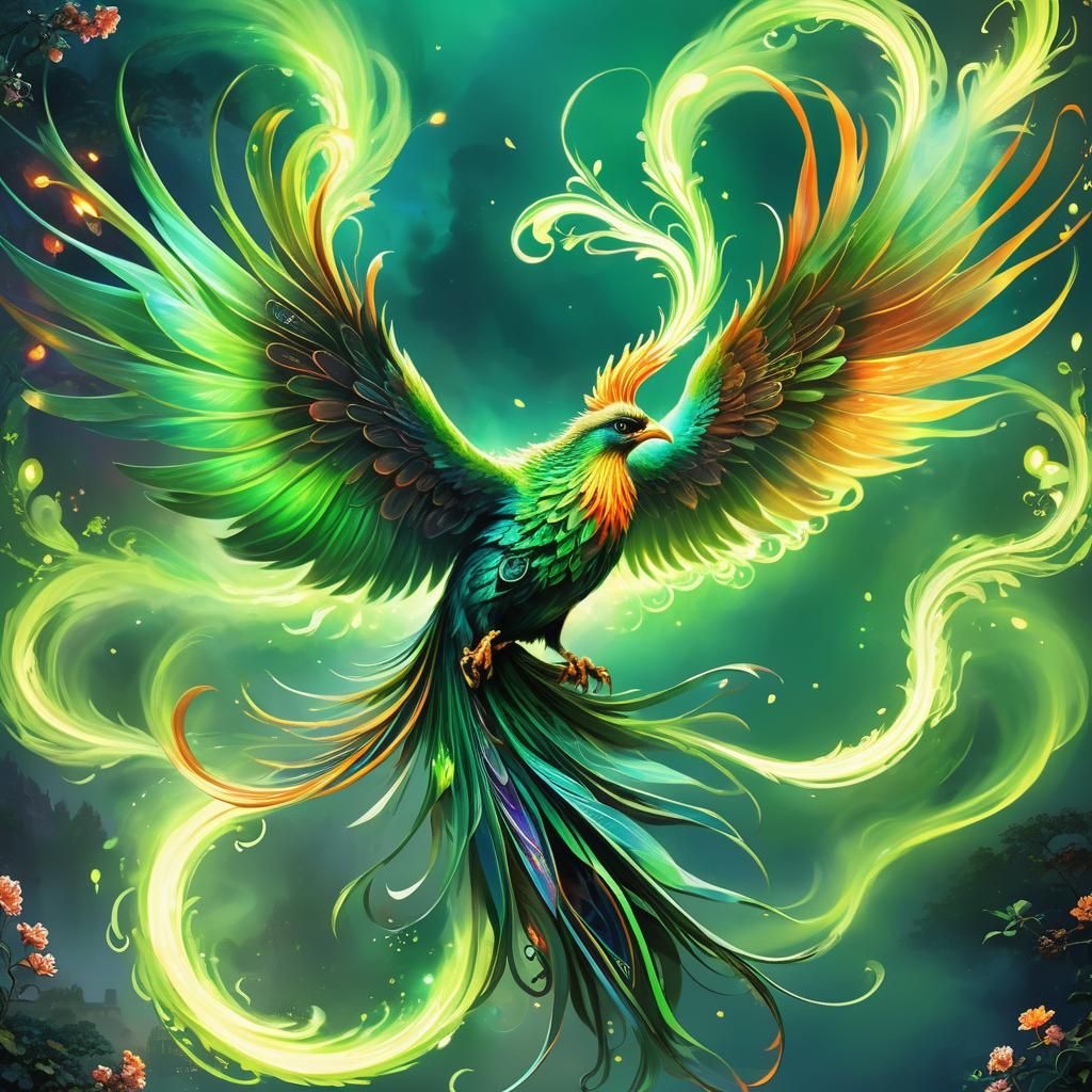Luminescent Green Phoenix in Thai Style