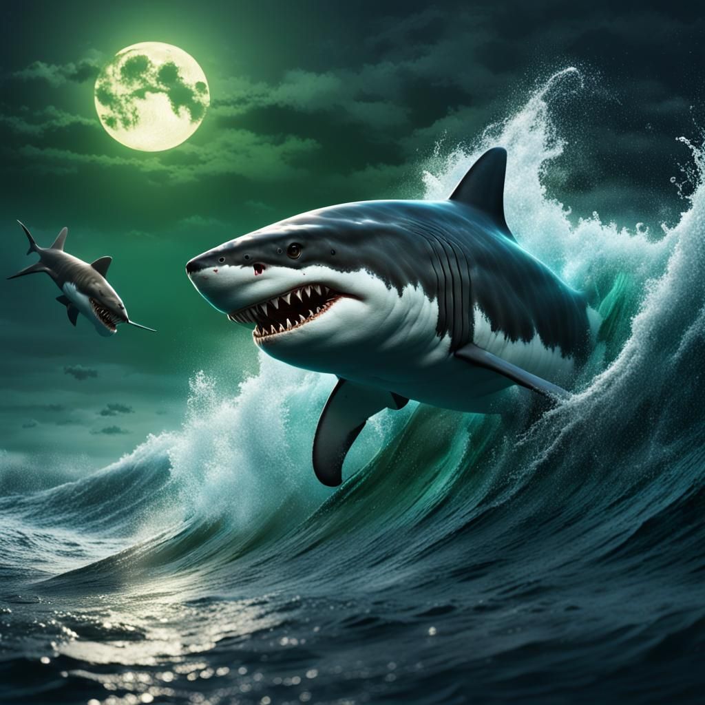 Fearsome Shark in a Dark Ocean, Detailed Matte Painting