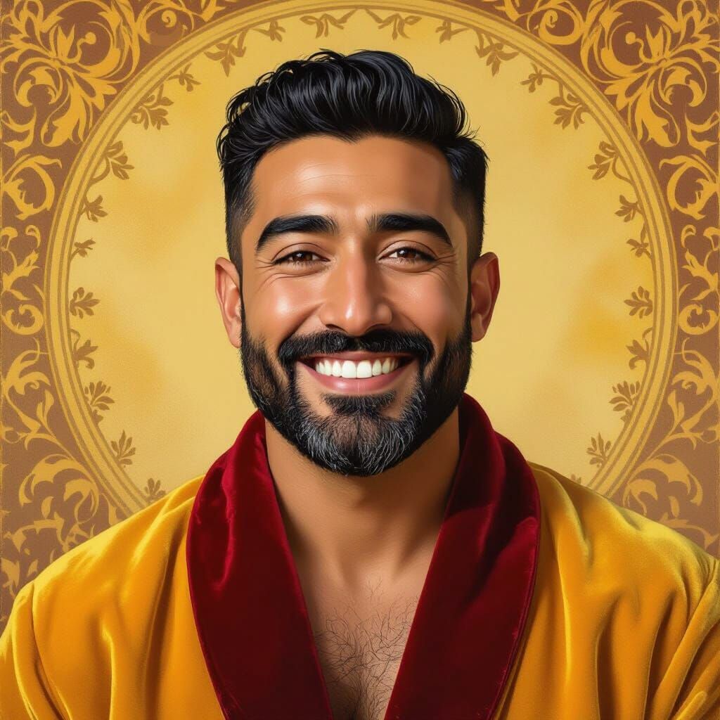 Joyful Peruvian Man in Velvet Robe