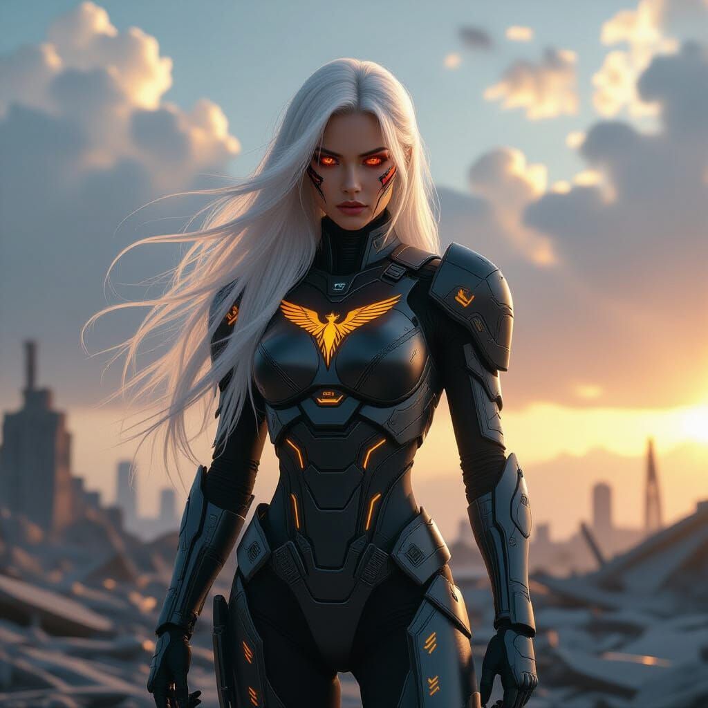 Cybernetic Valkyrie in Futuristic Battlefield, Digital Art