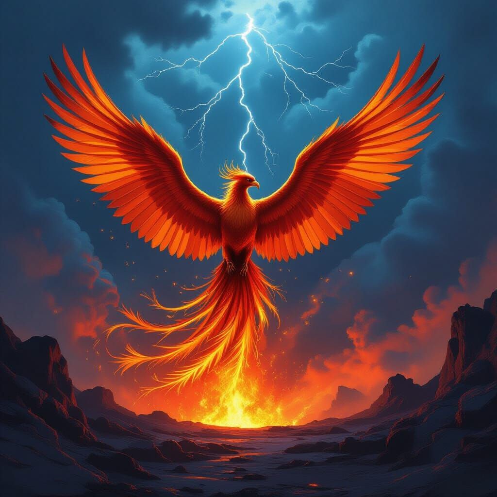 Majestic Phoenix Erupts From Volcano in Fiery Fantasy Art