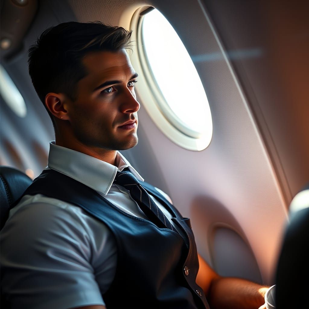 Muscular Flight Attendant Serving Guests in Aircraft