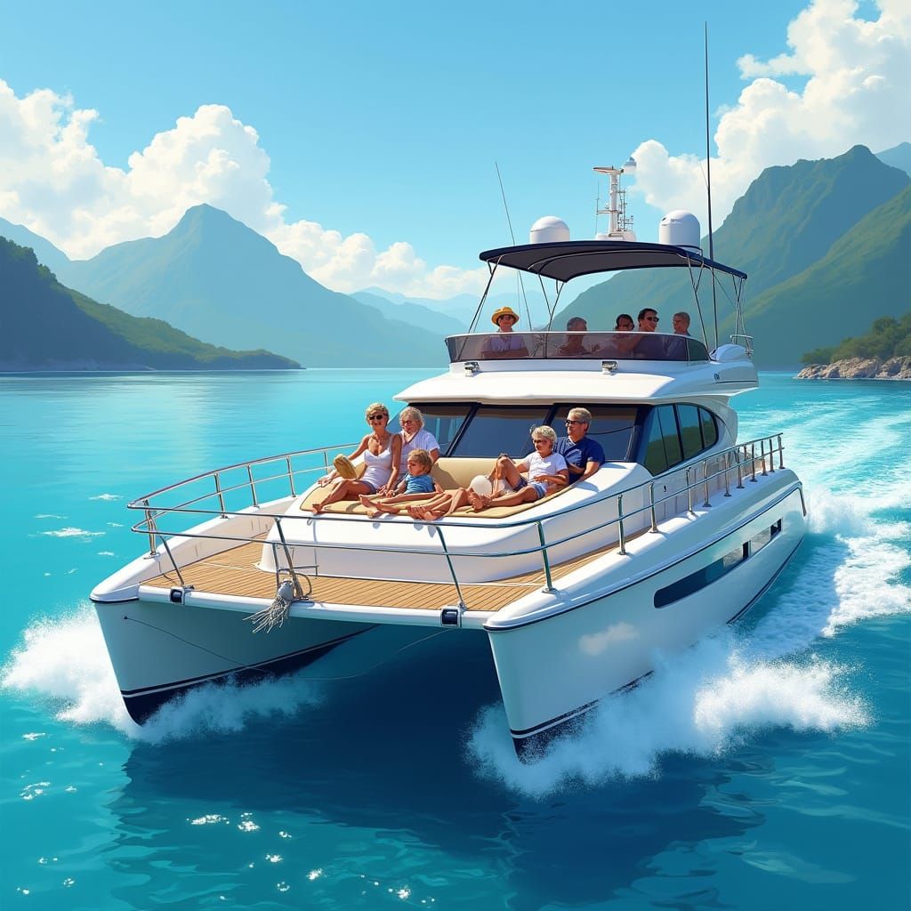Joyful Family Sailing on Catamaran Yacht Under Sunny Mountai...