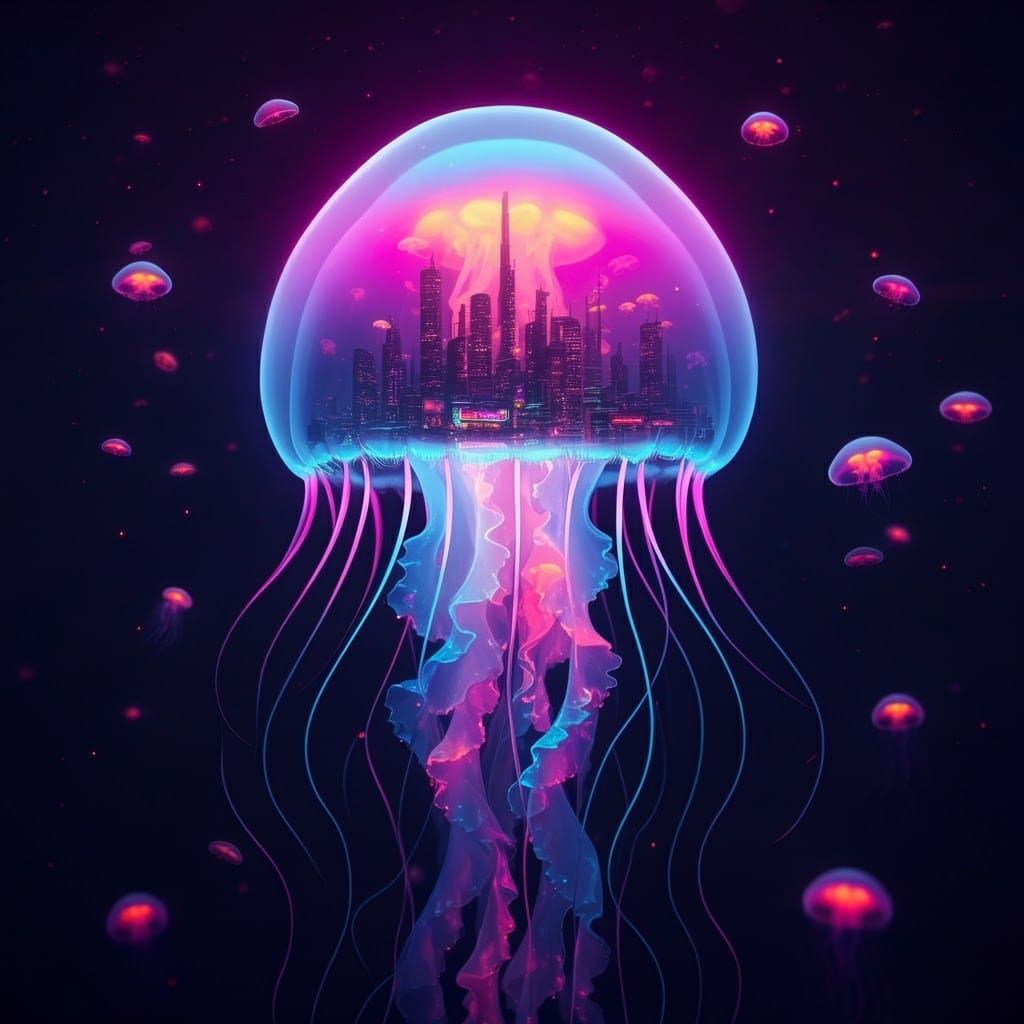 Cyberpunk City Inside Iridescent Jellyfish Under UV Light