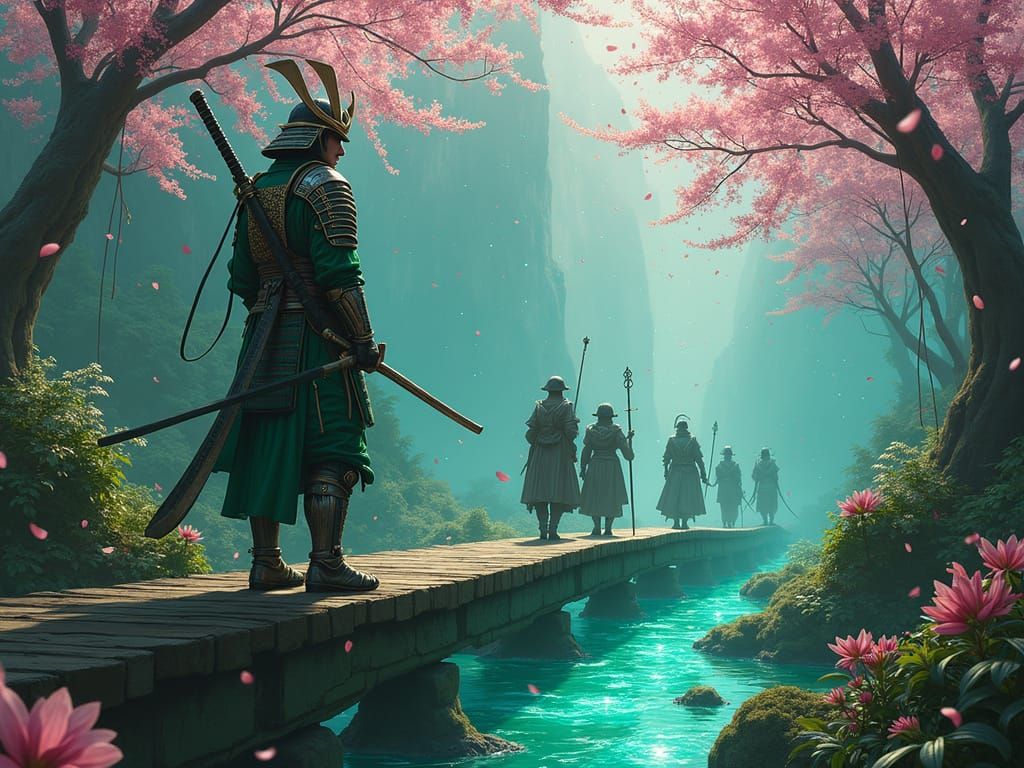 Samurai and Companions Venture Through Bioluminescent Jungle