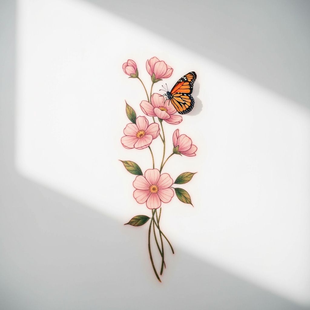 Floral Tattoo with Butterfly on White Wall