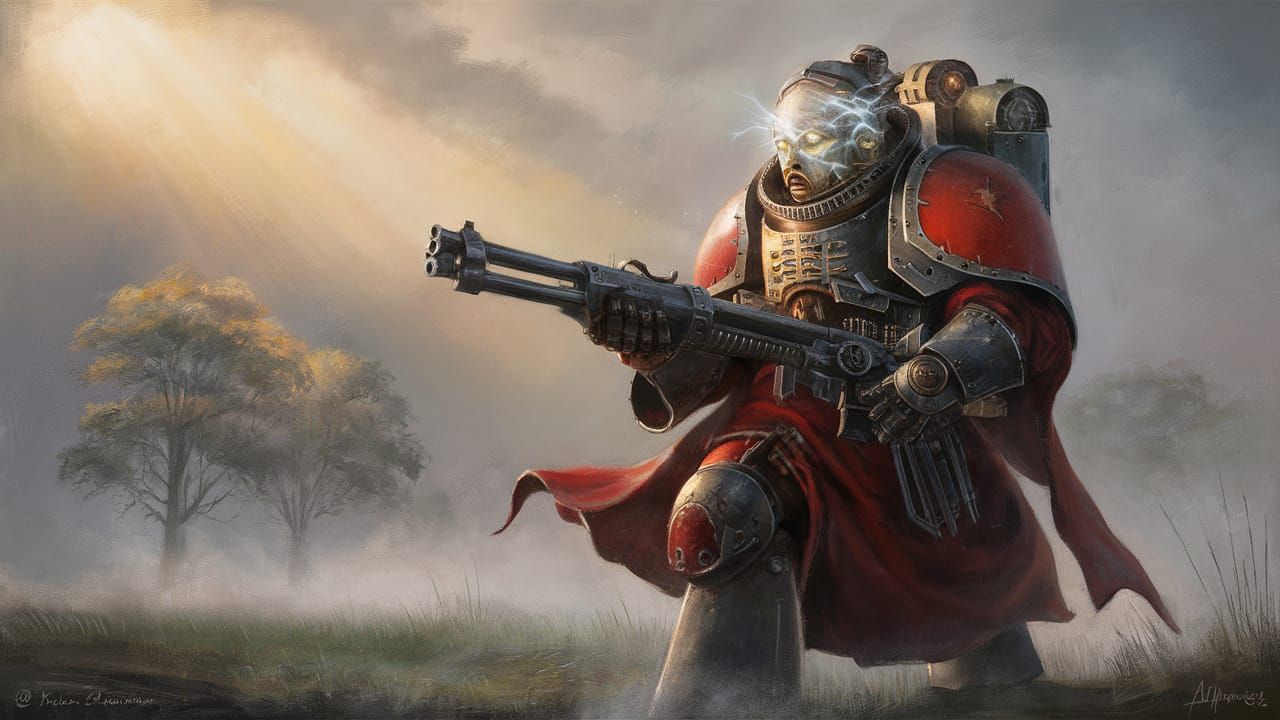 Adeptus Mechanicus Skitarii Alpha Portrait on Misty Battlefi...