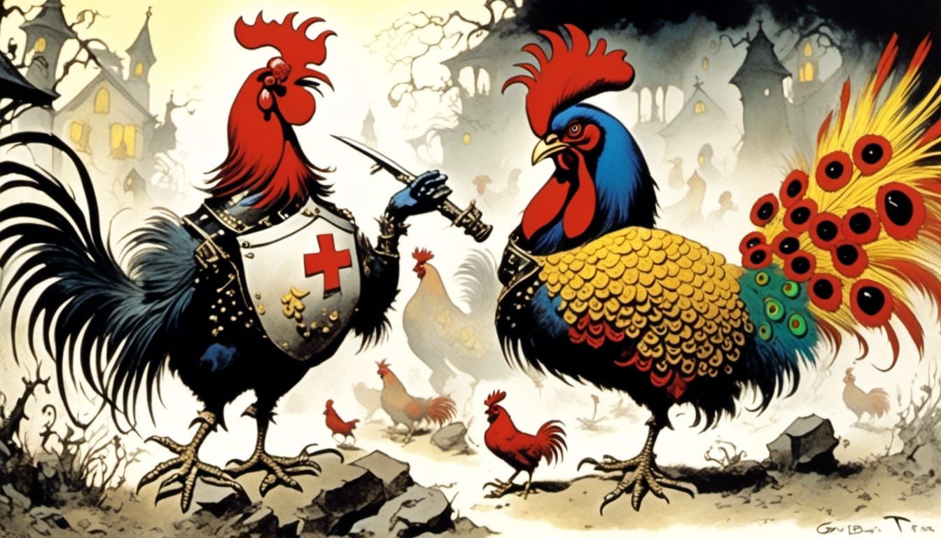 Epic Rooster Battle in Gris Grimly Style