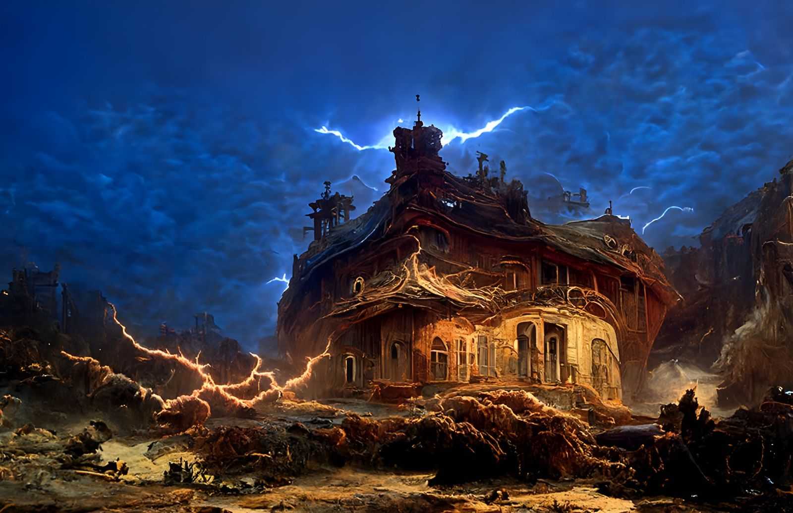 Cataclysmic Lightning Storm over House, Baroque Ukiyo-e Styl...