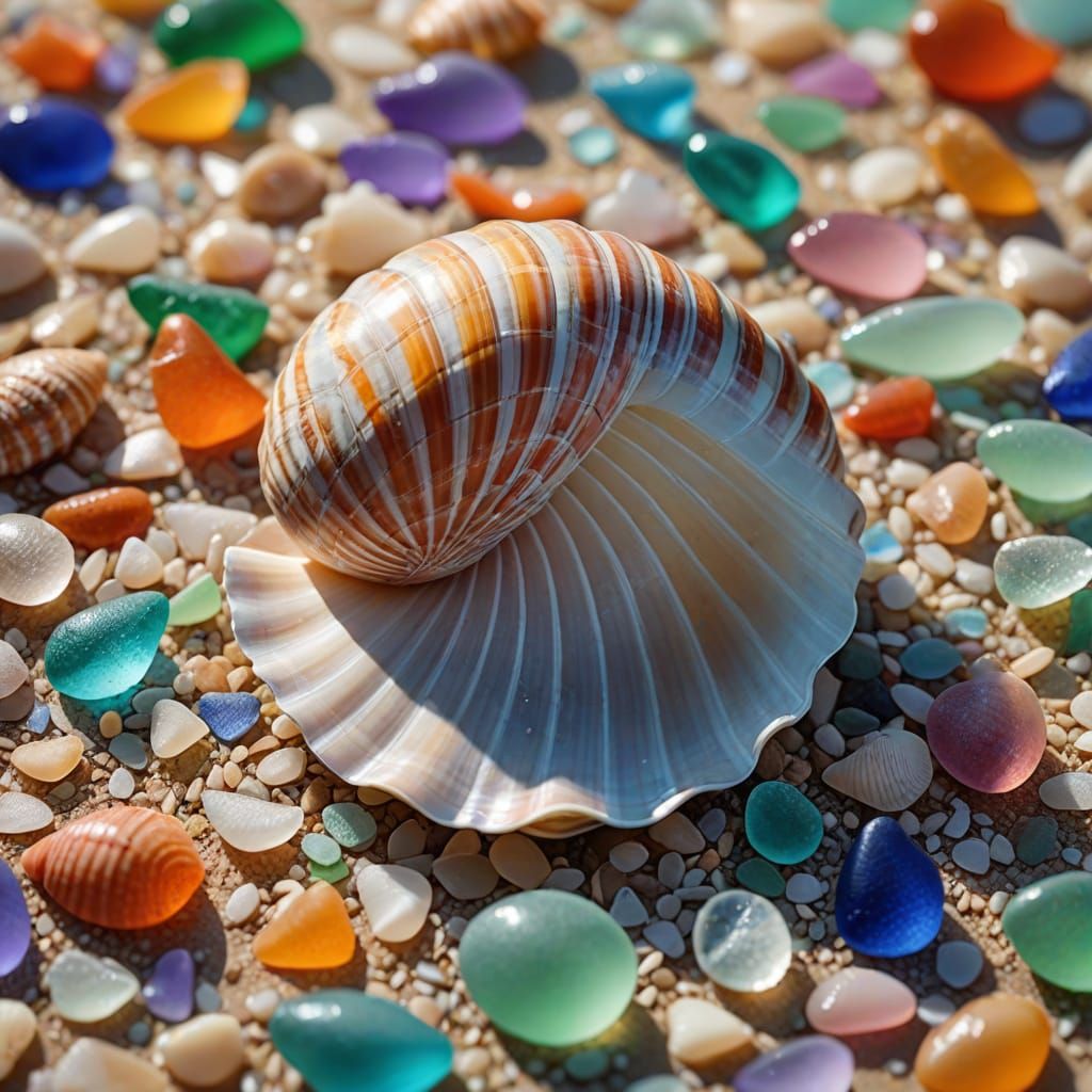 Vibrant Pastel Sea Glass Still Life with Delicate Shell