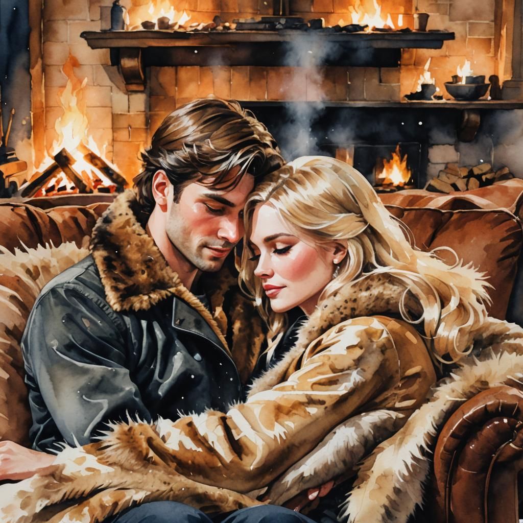 Watercolor: Affectionate Couple by Fireplace