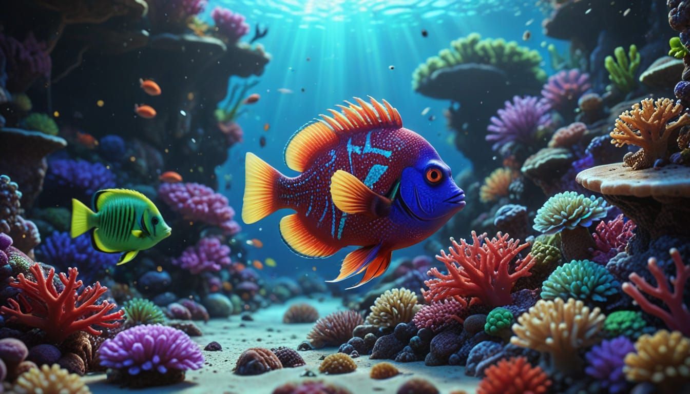 Vibrant Tropical Reef Scene with Fantasy Fish in Realistic 8...