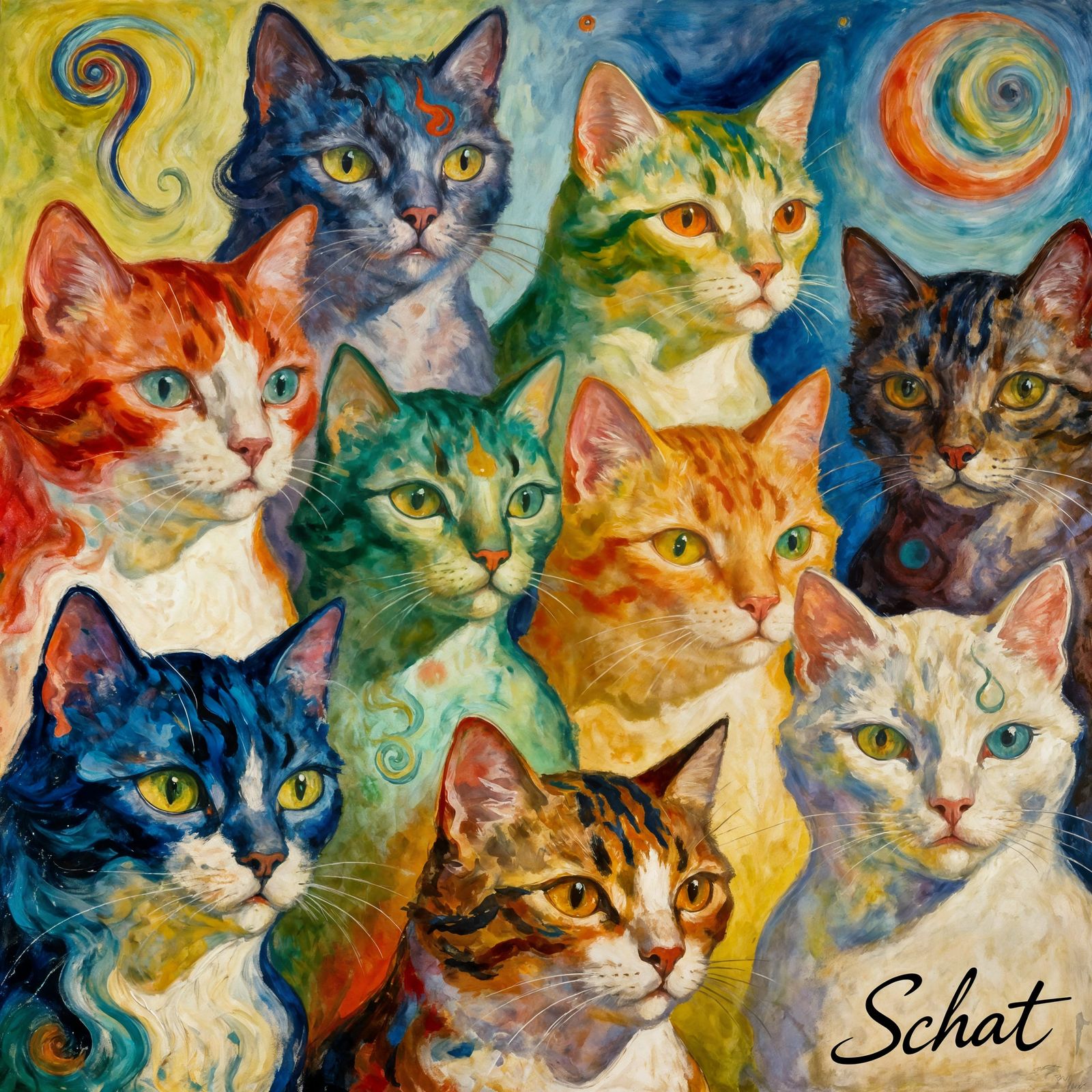 Surreal Cat Faces Painting in Vibrant Colors