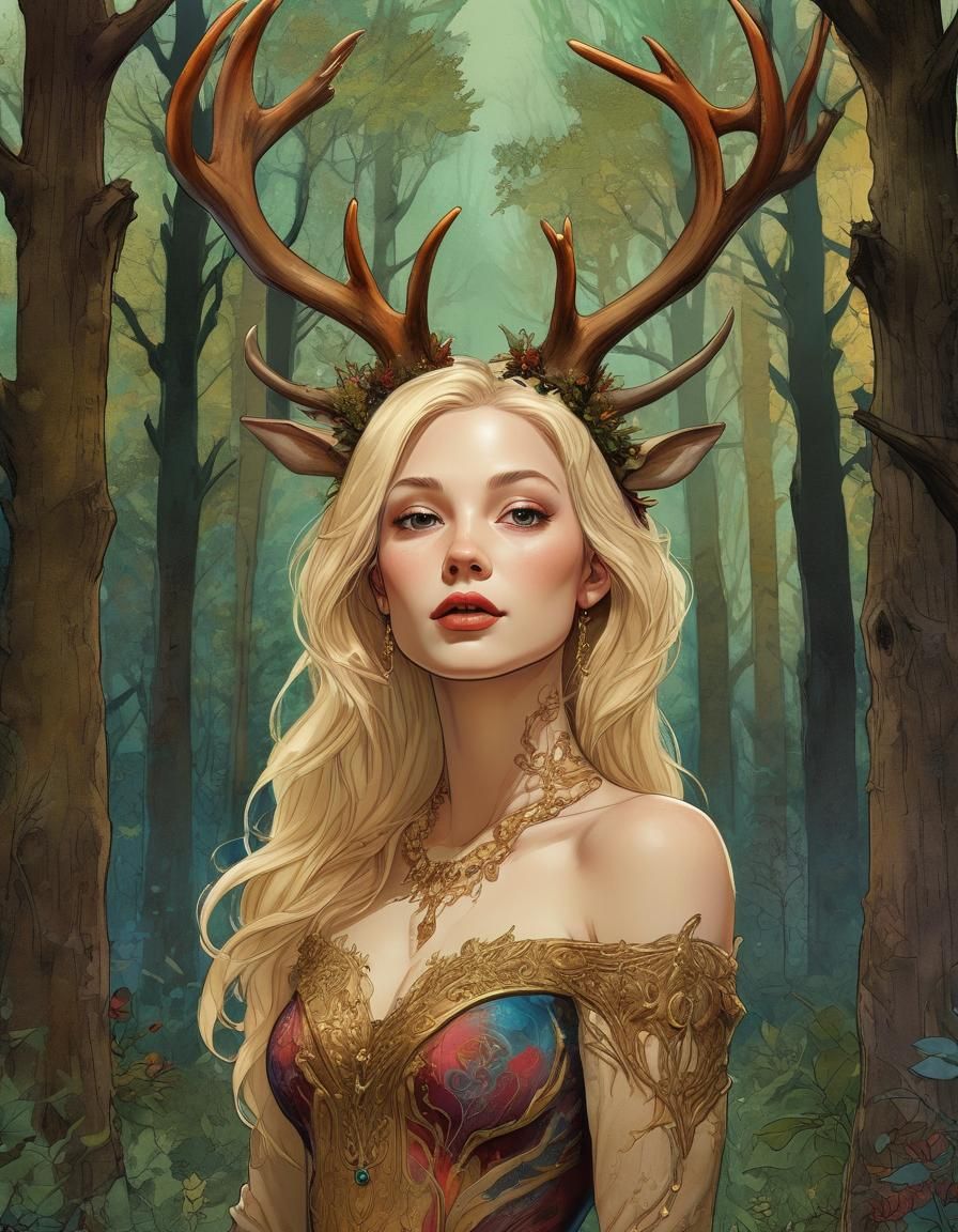 Stag Antlered Woman in Forest Glade Illustration